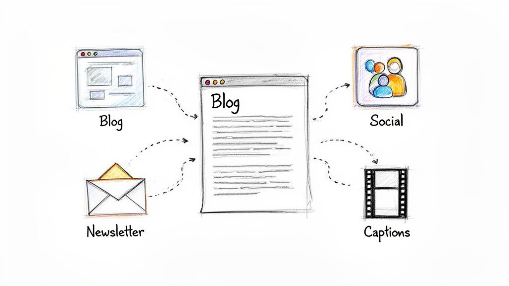 Diagram showing a central blog post being repurposed for social media, video captions, and other content channels.