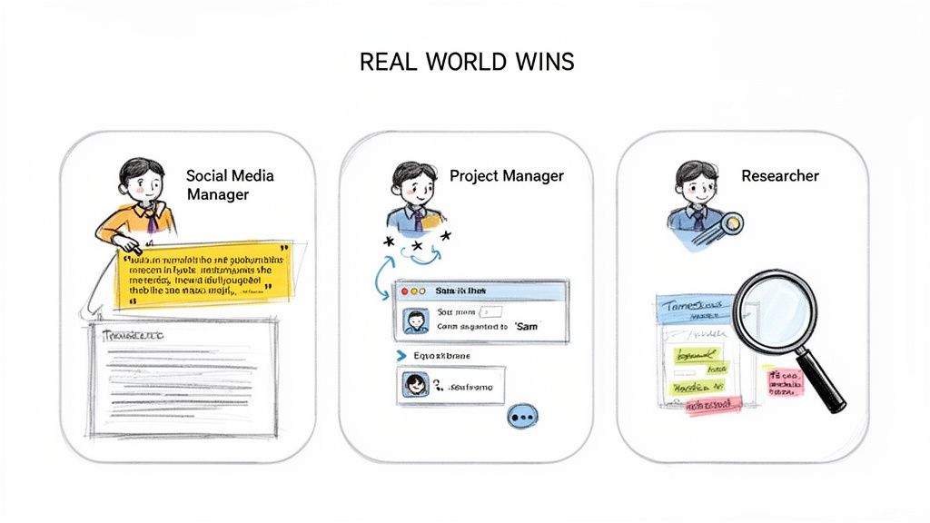Illustrations of a social media manager, project manager, and researcher, highlighting real-world wins in their professional roles.