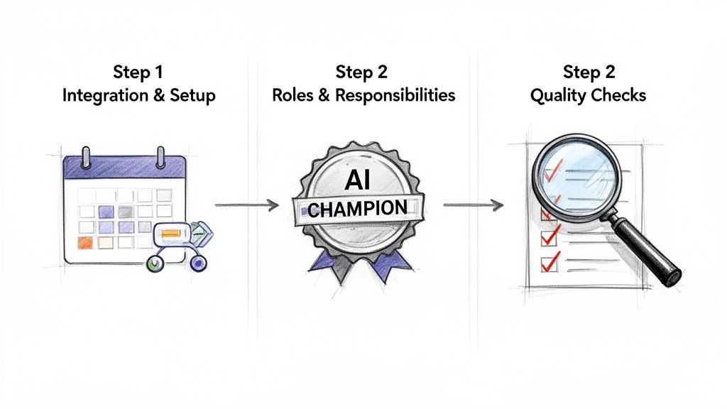 Visual diagram outlining the three steps for AI implementation: setup, defining roles, and quality checks.