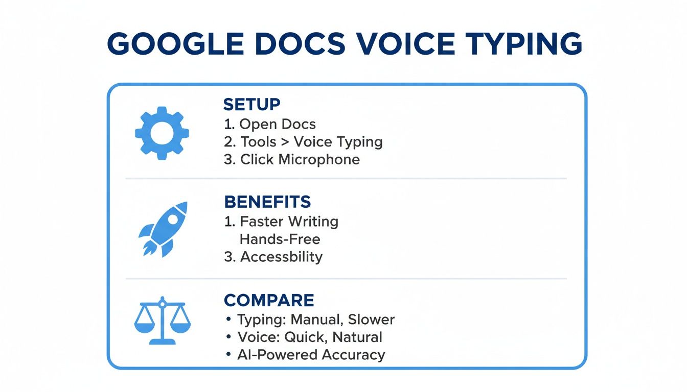 An infographic detailing Google Docs Voice Typing setup, benefits, and comparison to traditional typing.