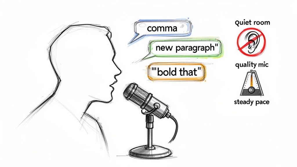 Illustration of a person speaking into a microphone, using voice commands for text, with tips for successful voice recognition.