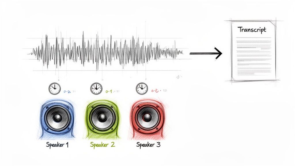 Audio waveform being transcribed into a document, showing multiple speakers and their timestamps.