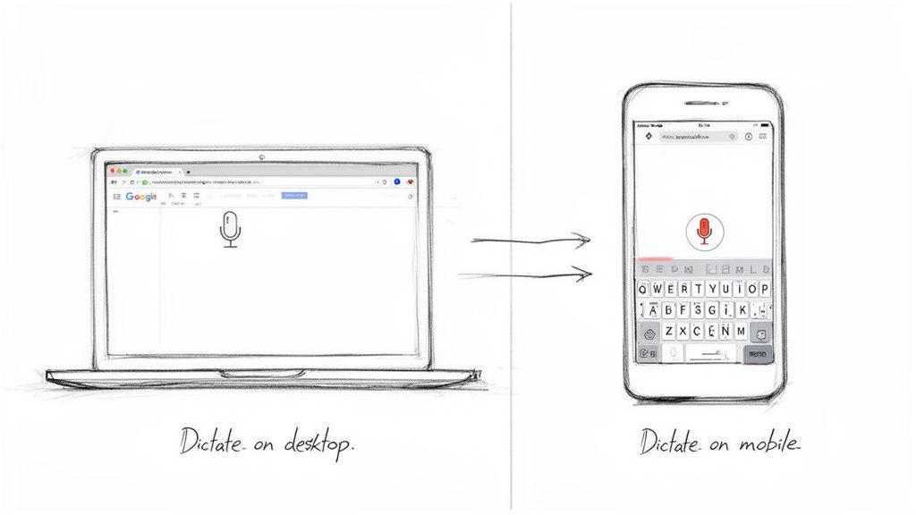 Illustration showing voice dictation on Google search for both desktop and mobile devices.