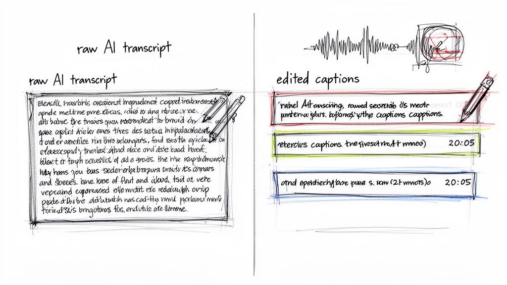 Handwritten sketch comparing a raw AI transcript with improved, edited captions and a sound waveform.
