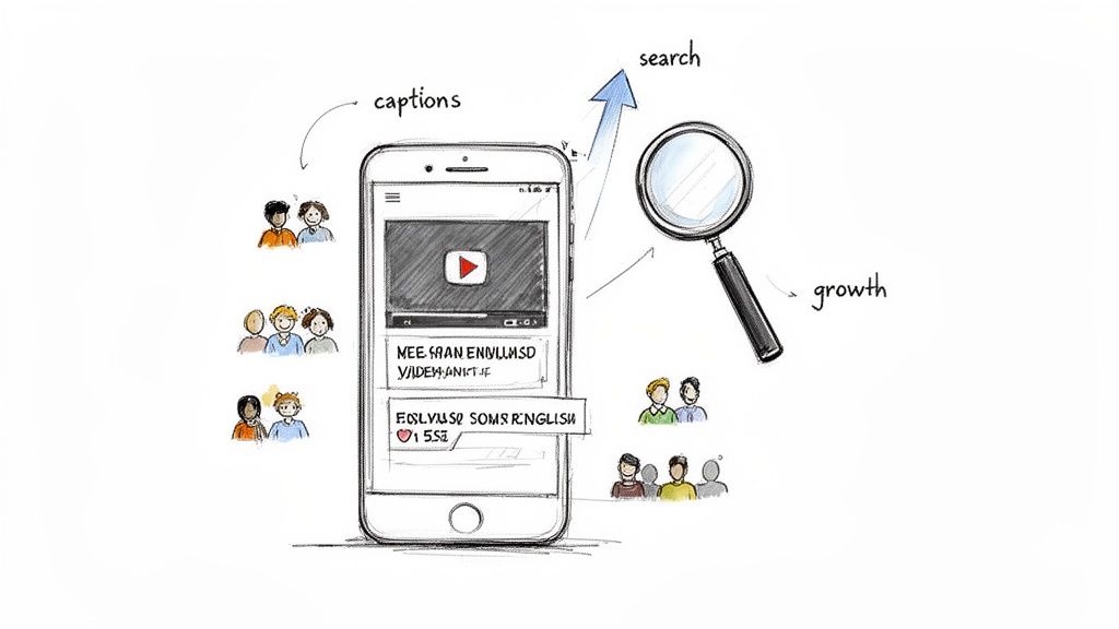 Video captions on a smartphone leading to increased search visibility, audience reach, and growth.