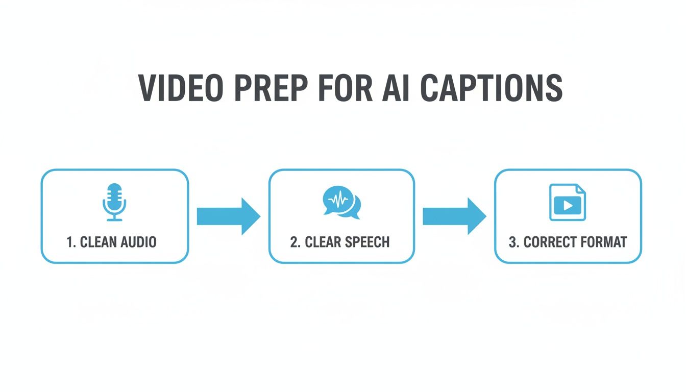 Flowchart showing three steps for video preparation for AI captions: clean audio, clear speech, and correct format.