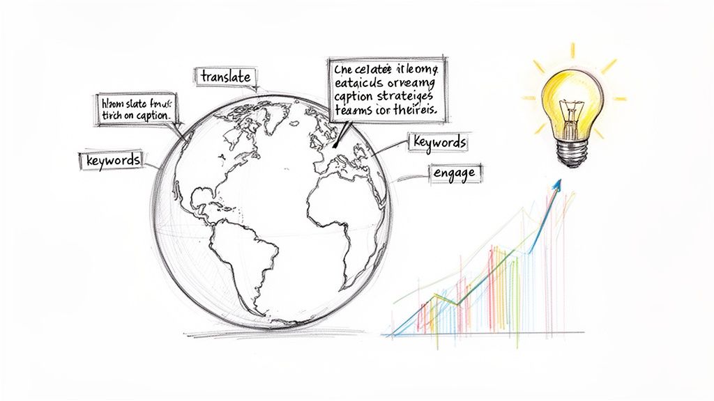 A hand-drawn sketch of a globe, keywords, translation, engagement, an upward graph, and a glowing lightbulb representing ideas and growth.