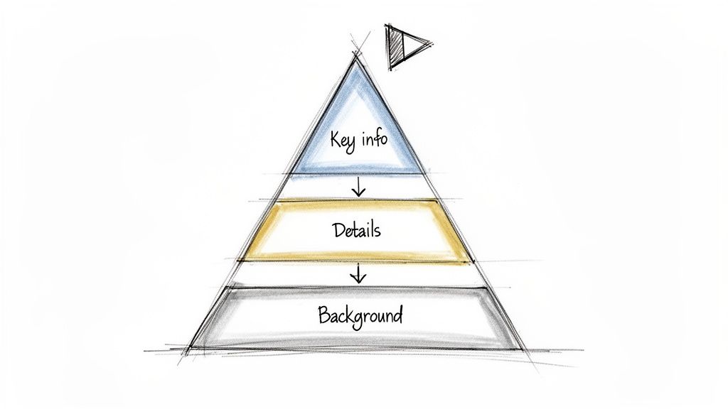 A hand-drawn inverted pyramid diagram showing information hierarchy: Key info at top, followed by Details, then Background.