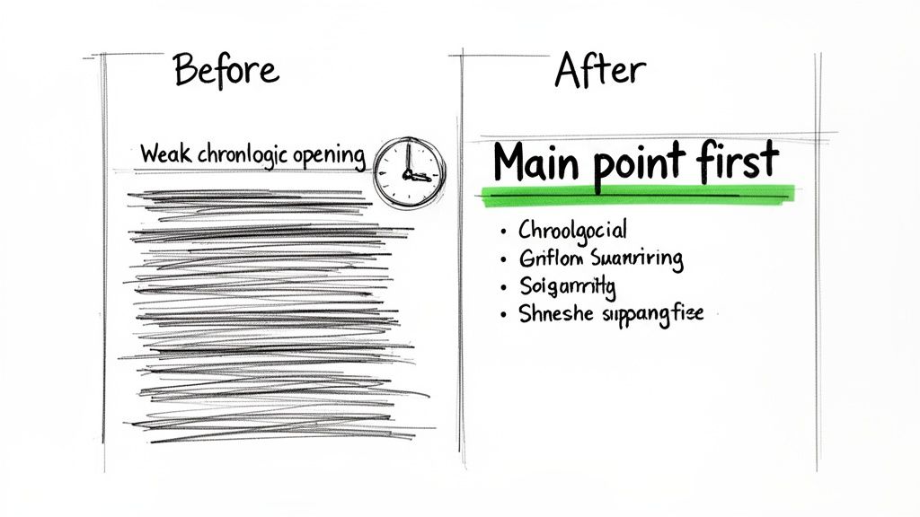 Diagram illustrating improved writing by prioritizing the main point over a weak chronological opening.
