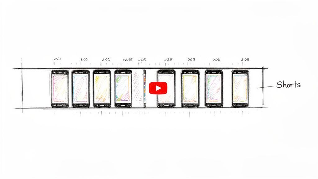 Hand-drawn smartphones illustrating a video timeline for YouTube Shorts, with timecode annotations.