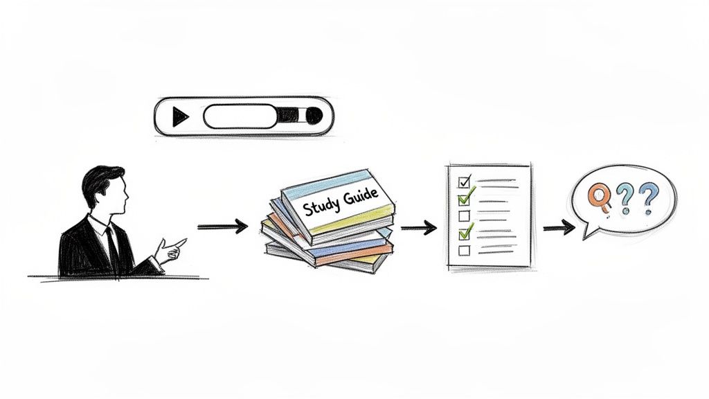A hand-drawn diagram illustrates the process of learning from audio, study guides, and checklists to questions.