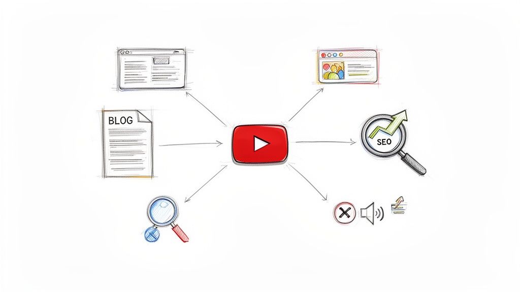 Diagram showing a YouTube video icon connected to blog posts, web pages, and SEO concepts.
