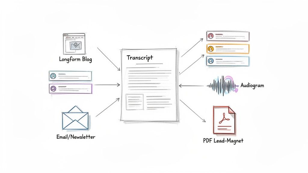 Diagram showing a central transcript connecting to blog posts, emails, social media content, audiograms, and lead magnets.
