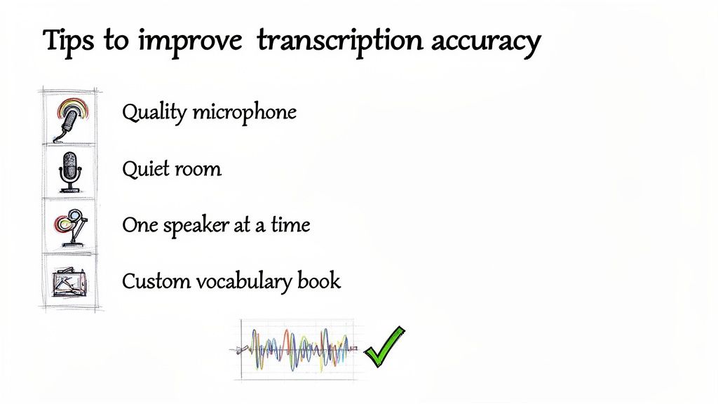 Infographic showing tips to improve transcription accuracy: quality microphone, quiet room, one speaker at a time, custom vocabulary.