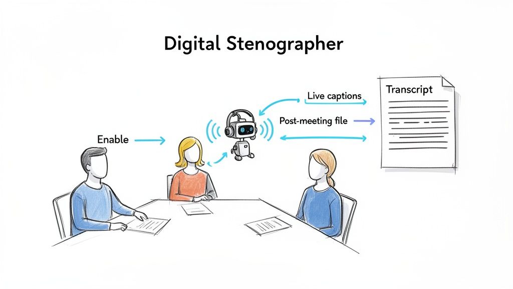 A digital stenographer robot recording a meeting with three people, providing live captions and a post-meeting transcript.