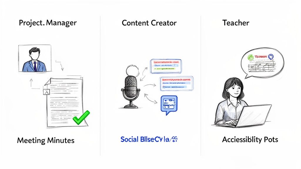 Three panels illustrate AI assistance for Project Manager meeting minutes, Content Creator transcription, and Teacher accessibility.