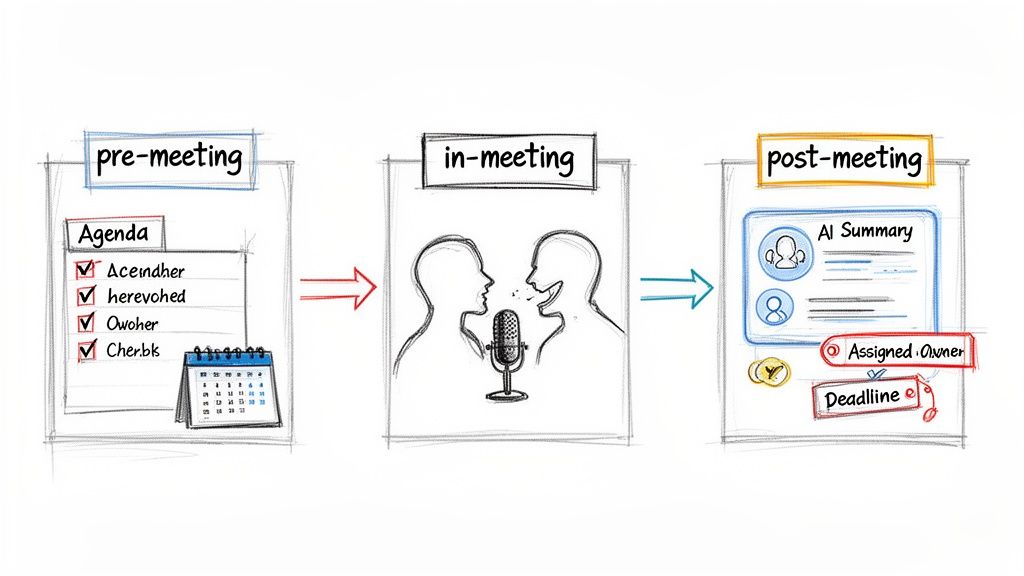 An illustration showing the meeting workflow: pre-meeting agenda, in-meeting discussion, and post-meeting AI summary with tasks.