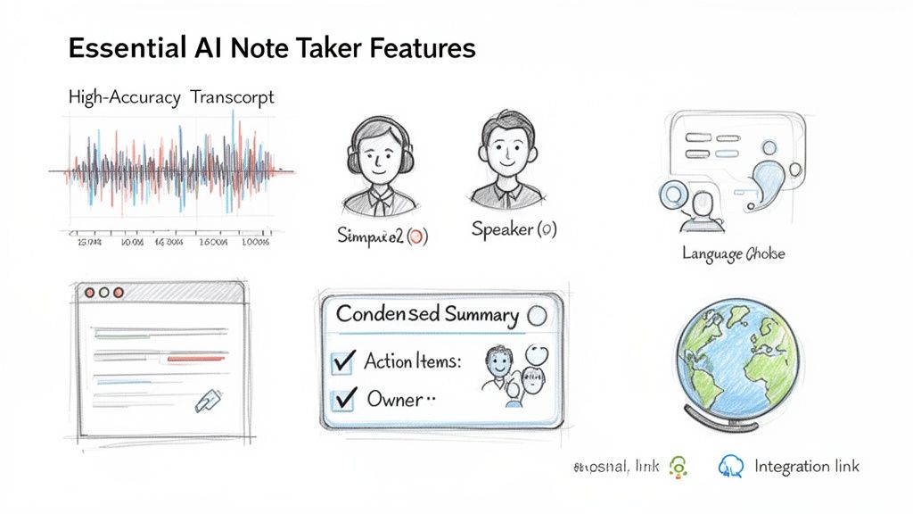 Diagram of AI note taker features: high-accuracy transcript, speaker identification, condensed summary, action items, language choke, and integration.
