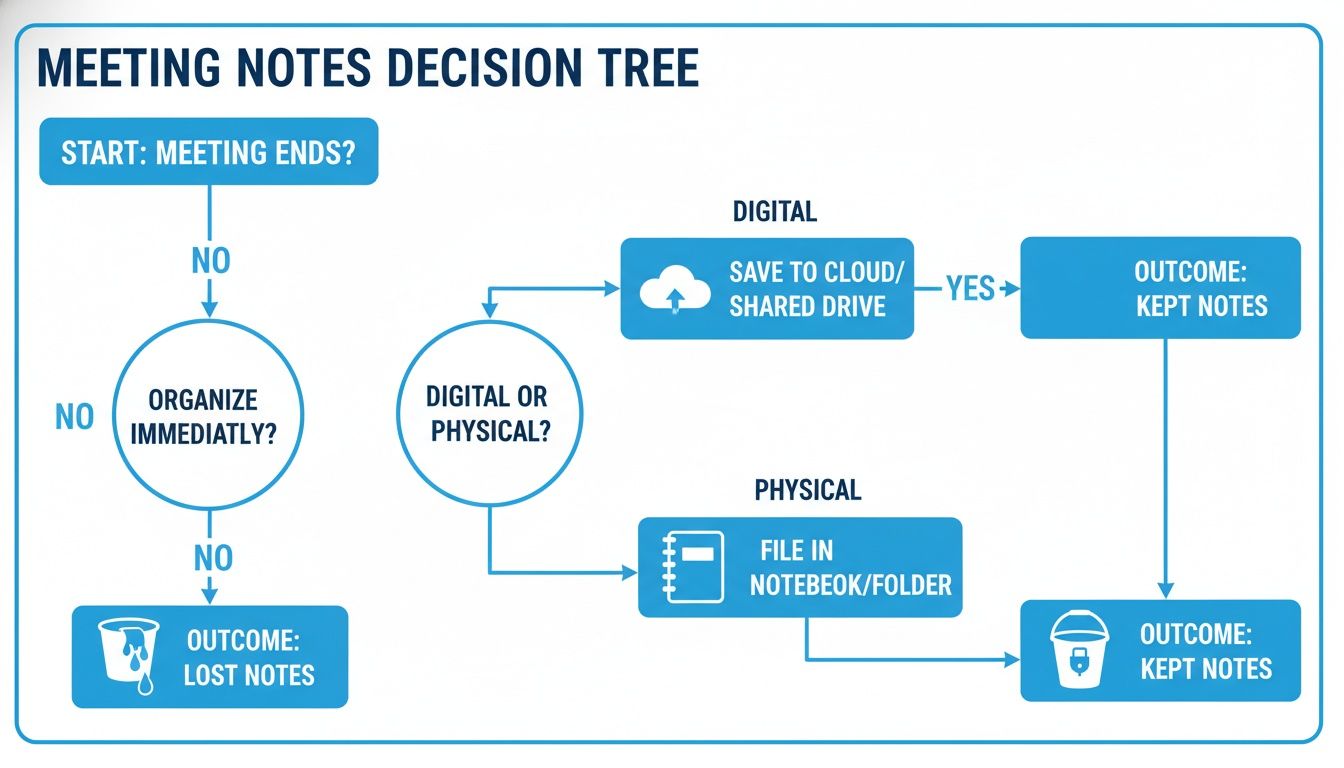 Decision tree flowchart showing steps to organize and save meeting notes, either digitally or physically, to avoid losing them.