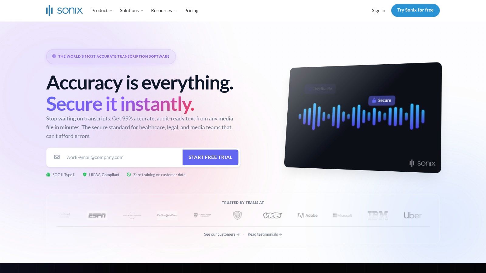 Sonix's interface showing a transcribed audio file with speaker labels and timestamps.