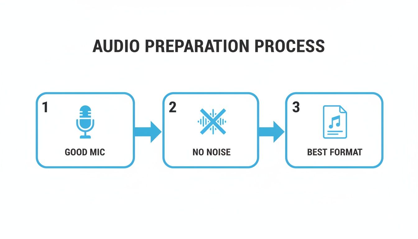 A three-step audio preparation process diagram, showing good mic, no noise, and best format.