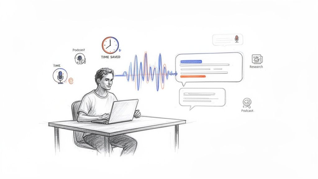 Pencil sketch of a man using a laptop, converting audio to text, saving time for research.