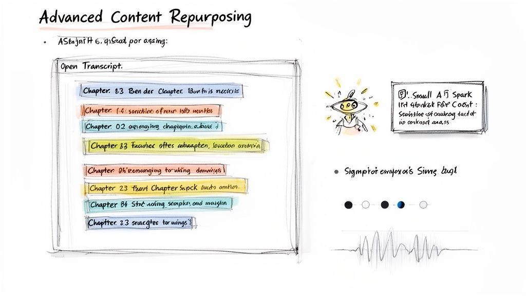 Presentation slide illustrating advanced content repurposing with a textual transcript and an audio waveform.