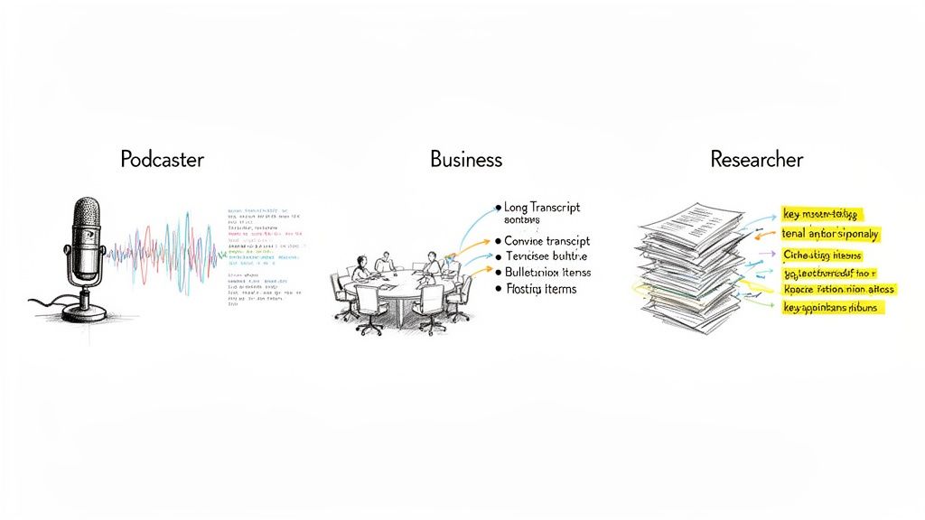 Diagram showing a podcast microphone, business meeting, and research papers, illustrating automatic summarization use cases.