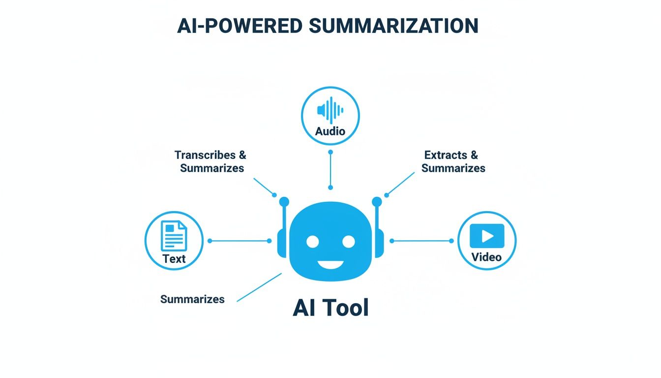 A diagram illustrating an AI tool's ability to summarize audio, text, and video content.