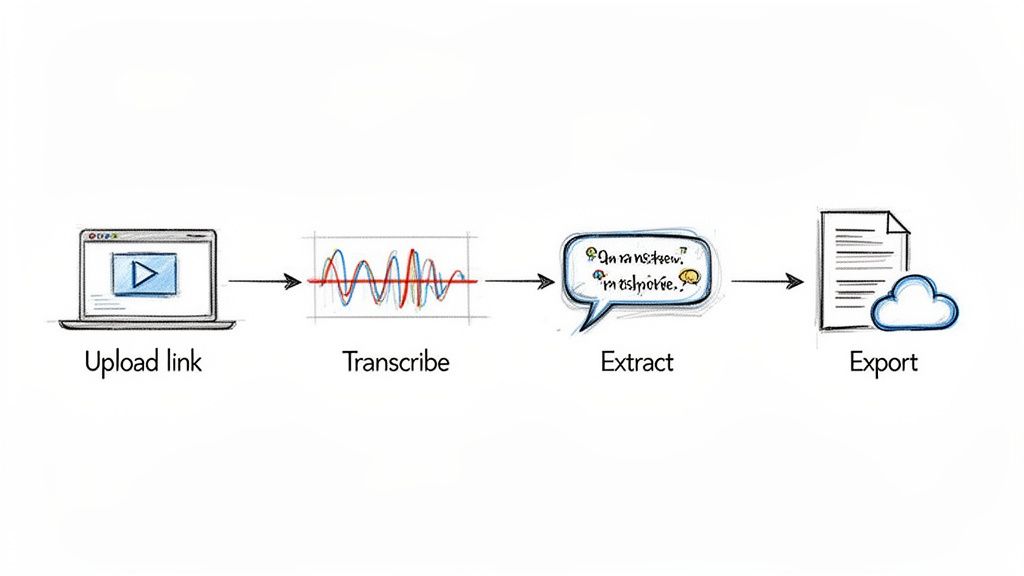 A diagram illustrating the four-step workflow of an automatic summarization tool: upload link, transcribe, extract, and export.