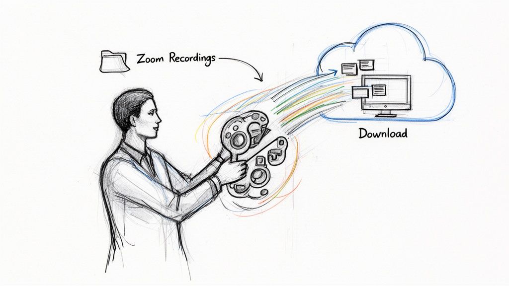 A digital illustration showing a person processing Zoom recordings and transferring them into cloud storage.