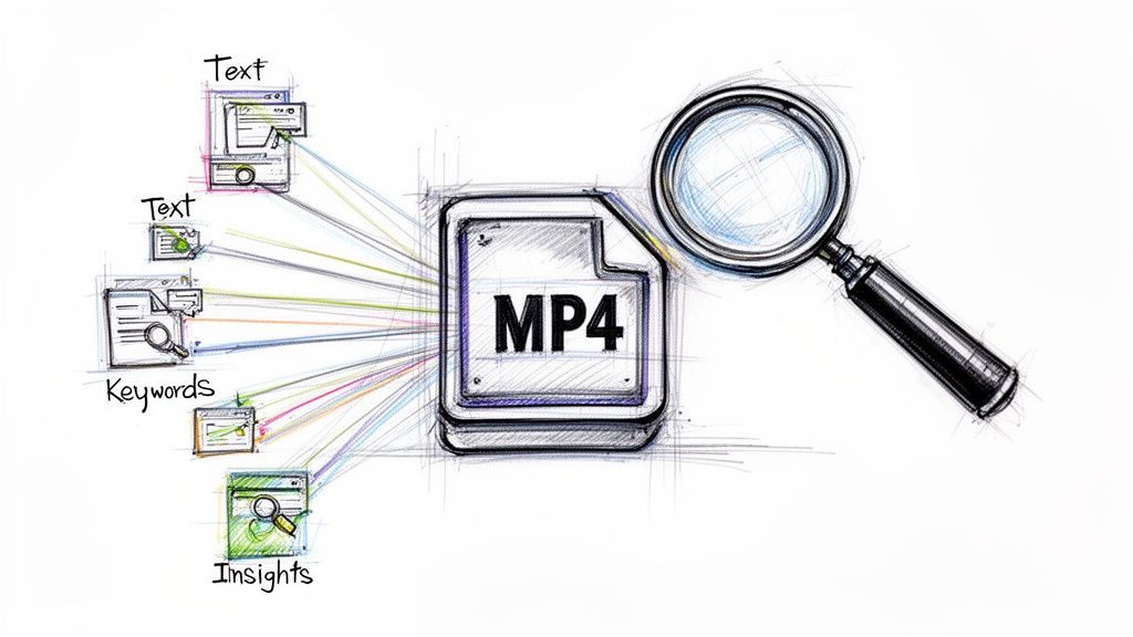 A digital illustration showing various data sources being analyzed and processed into an MP4 video file format.