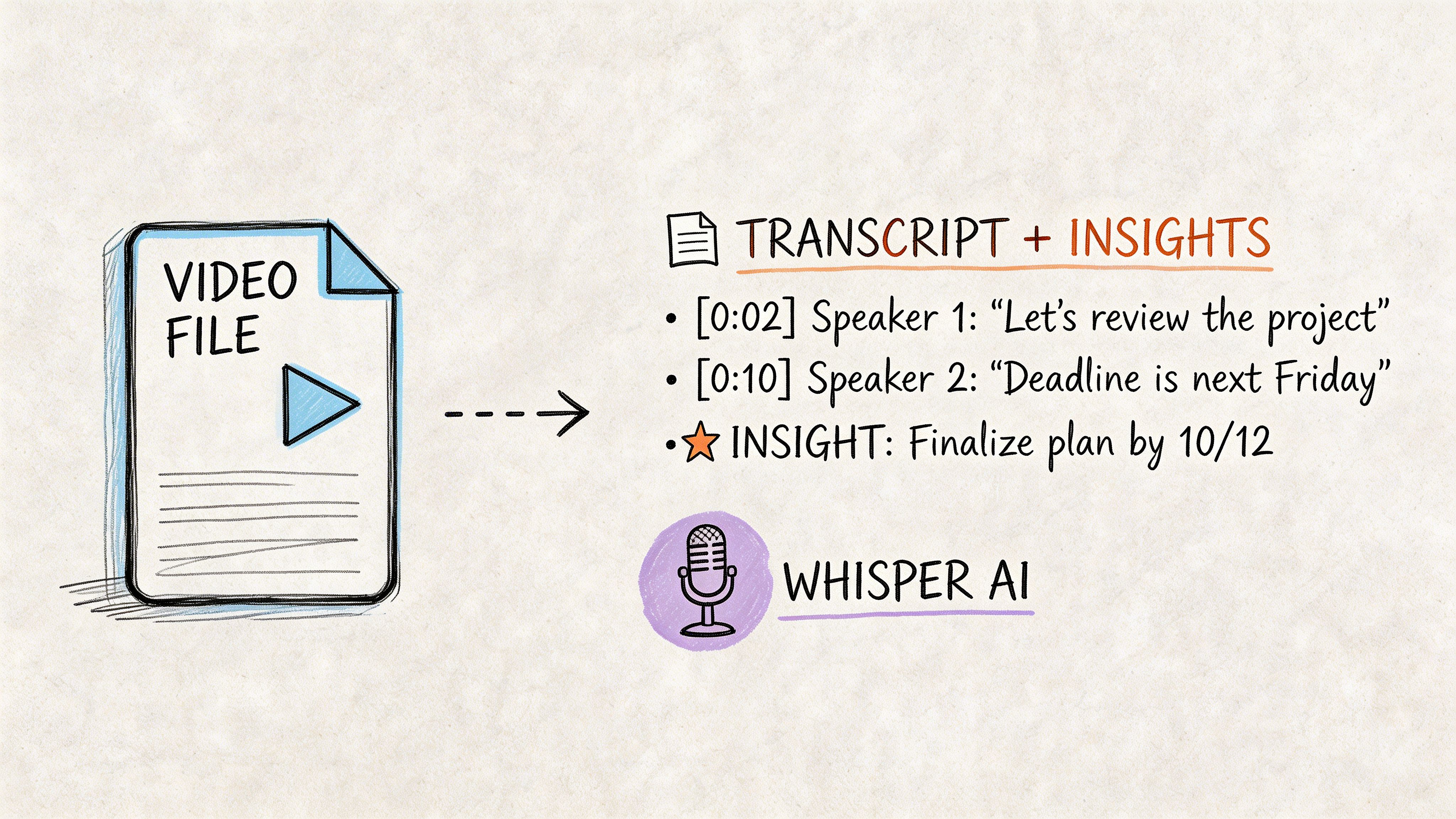 A hand-drawn illustration showing a video file being processed into a transcript with key insights using AI.