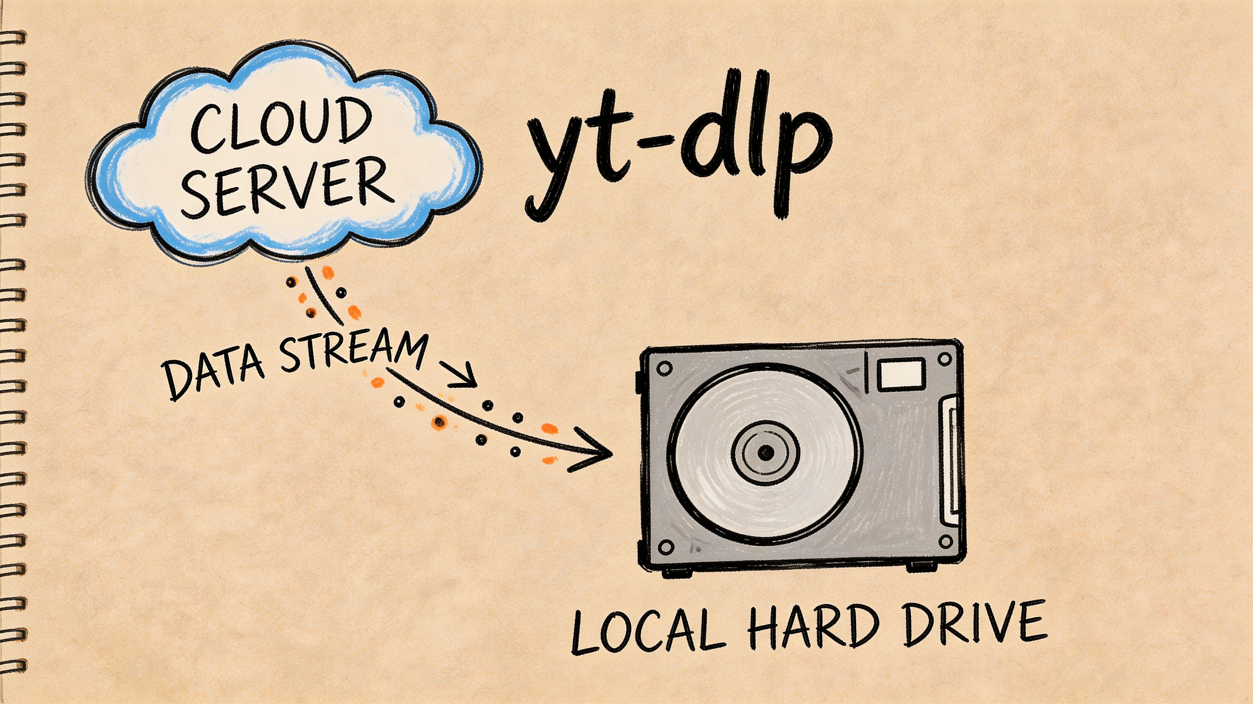 A diagram illustrating yt-dlp downloading data from a cloud server to a local hard drive.