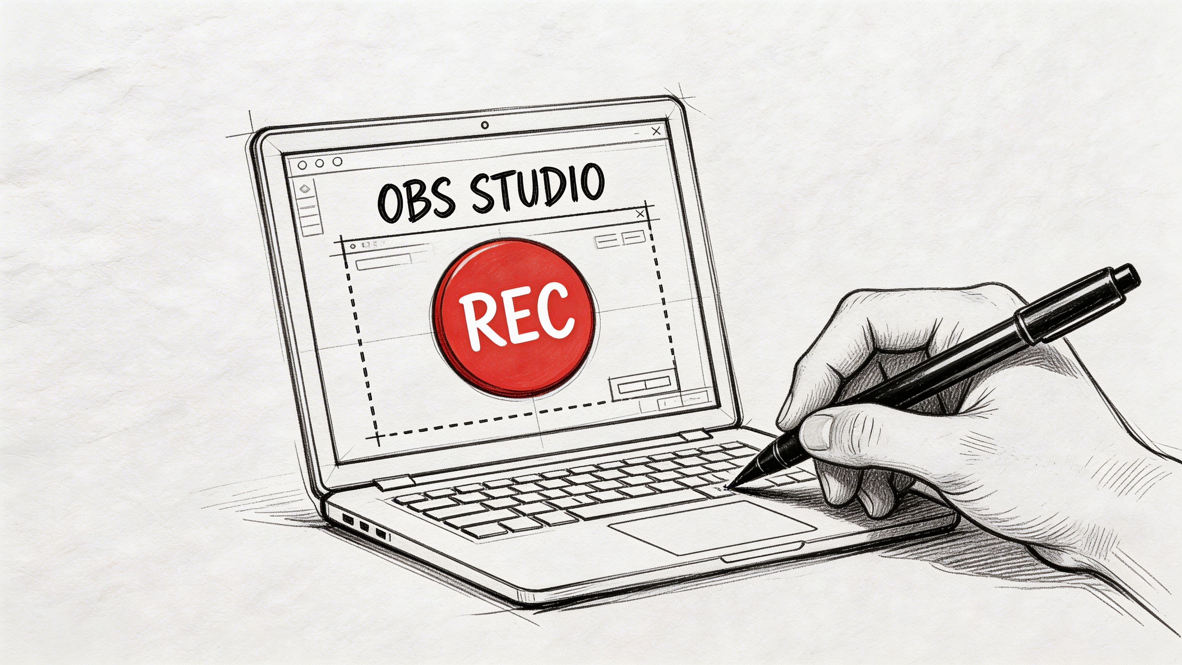 A hand holding a pen while interacting with a laptop displaying an OBS Studio recording interface.