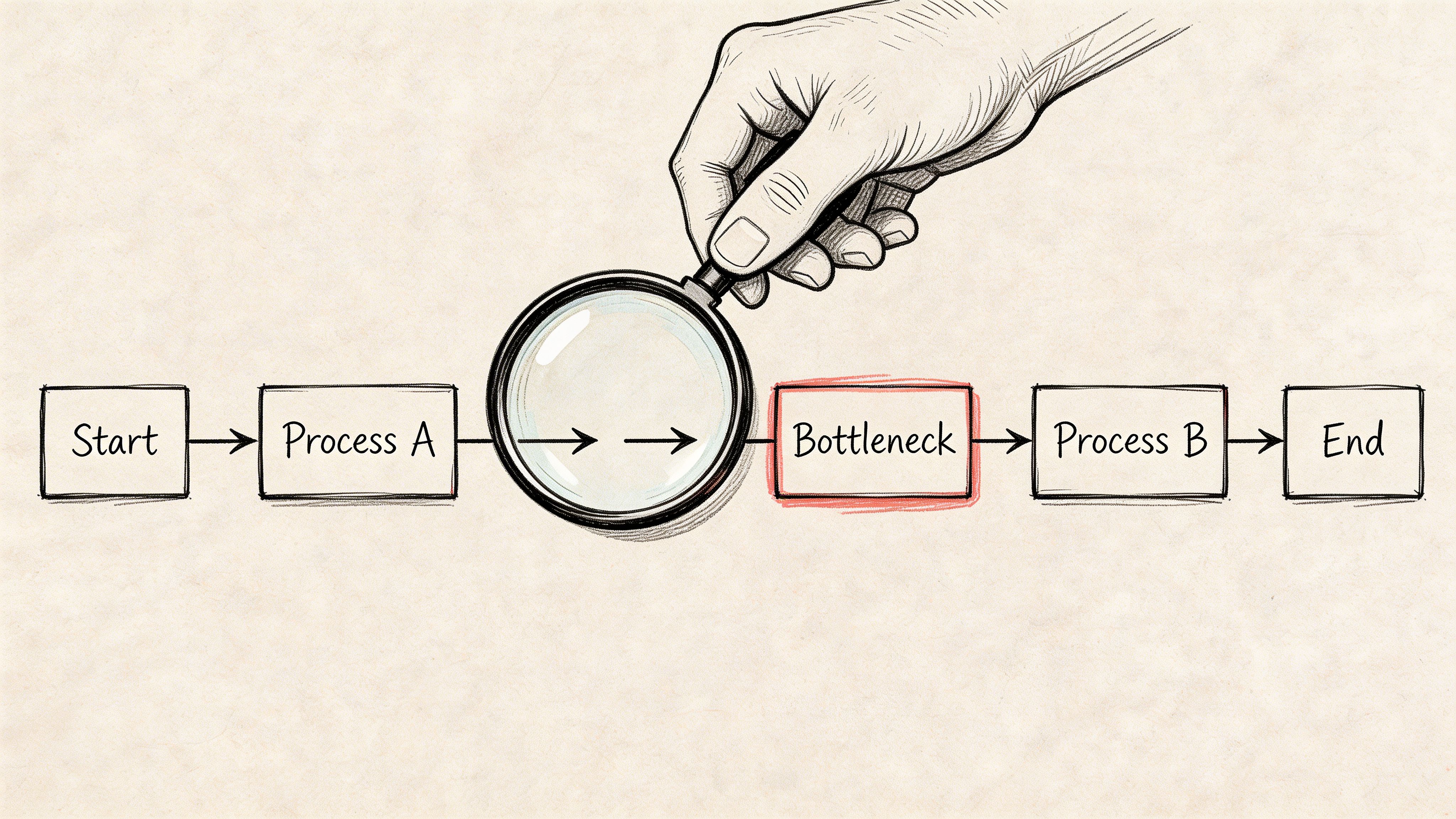 A hand holding a magnifying glass over a flowchart diagram highlighting a process bottleneck for efficiency analysis.