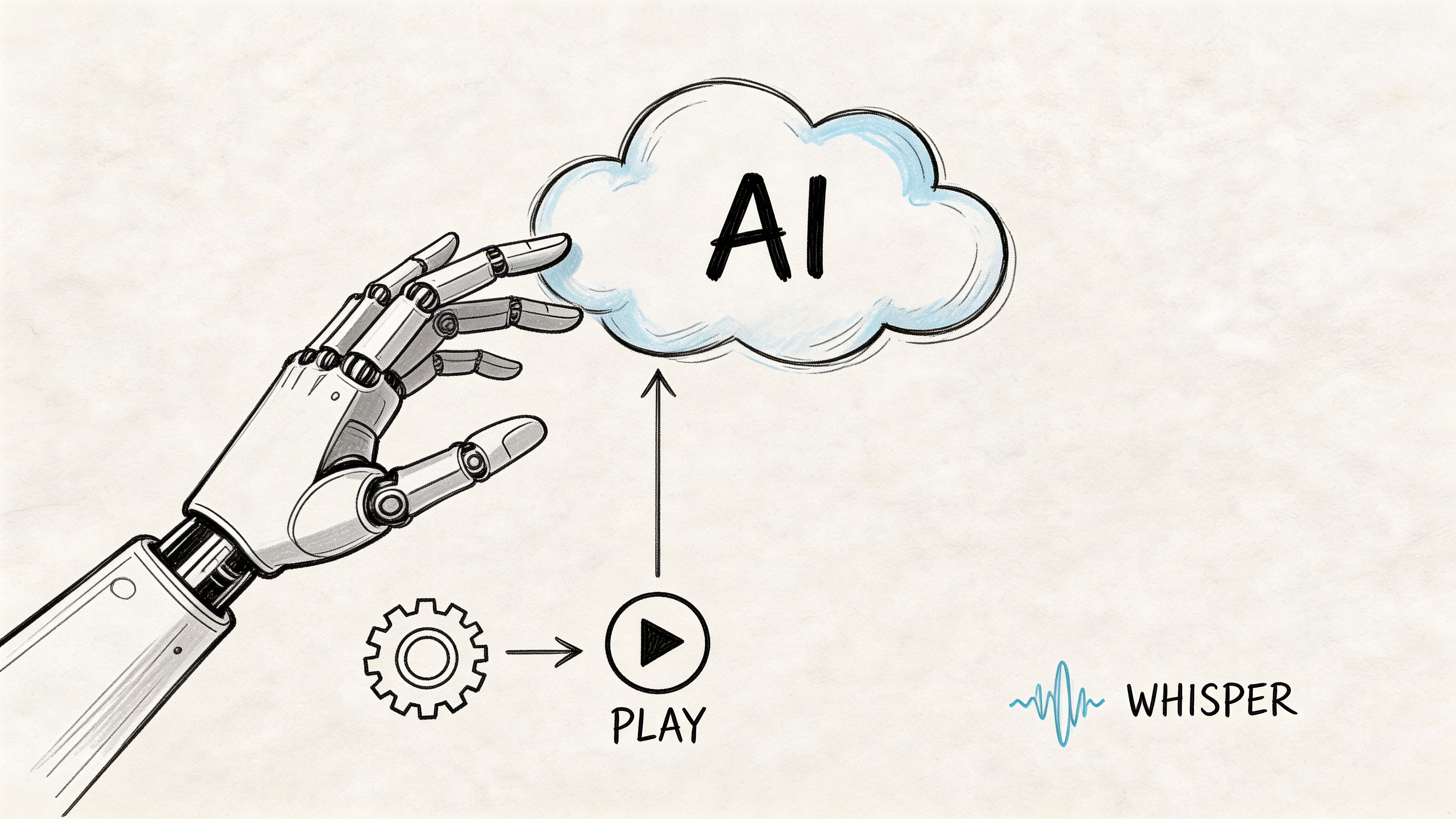 A robot hand touching a cloud icon labeled AI, with a play button and gear symbol.