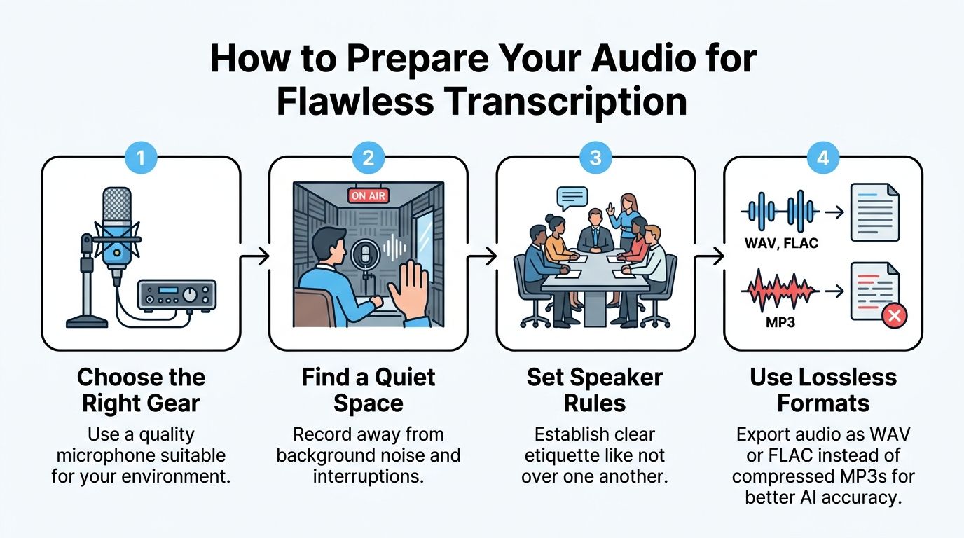 A four-step infographic illustrating how to prepare high-quality audio for accurate transcription services.