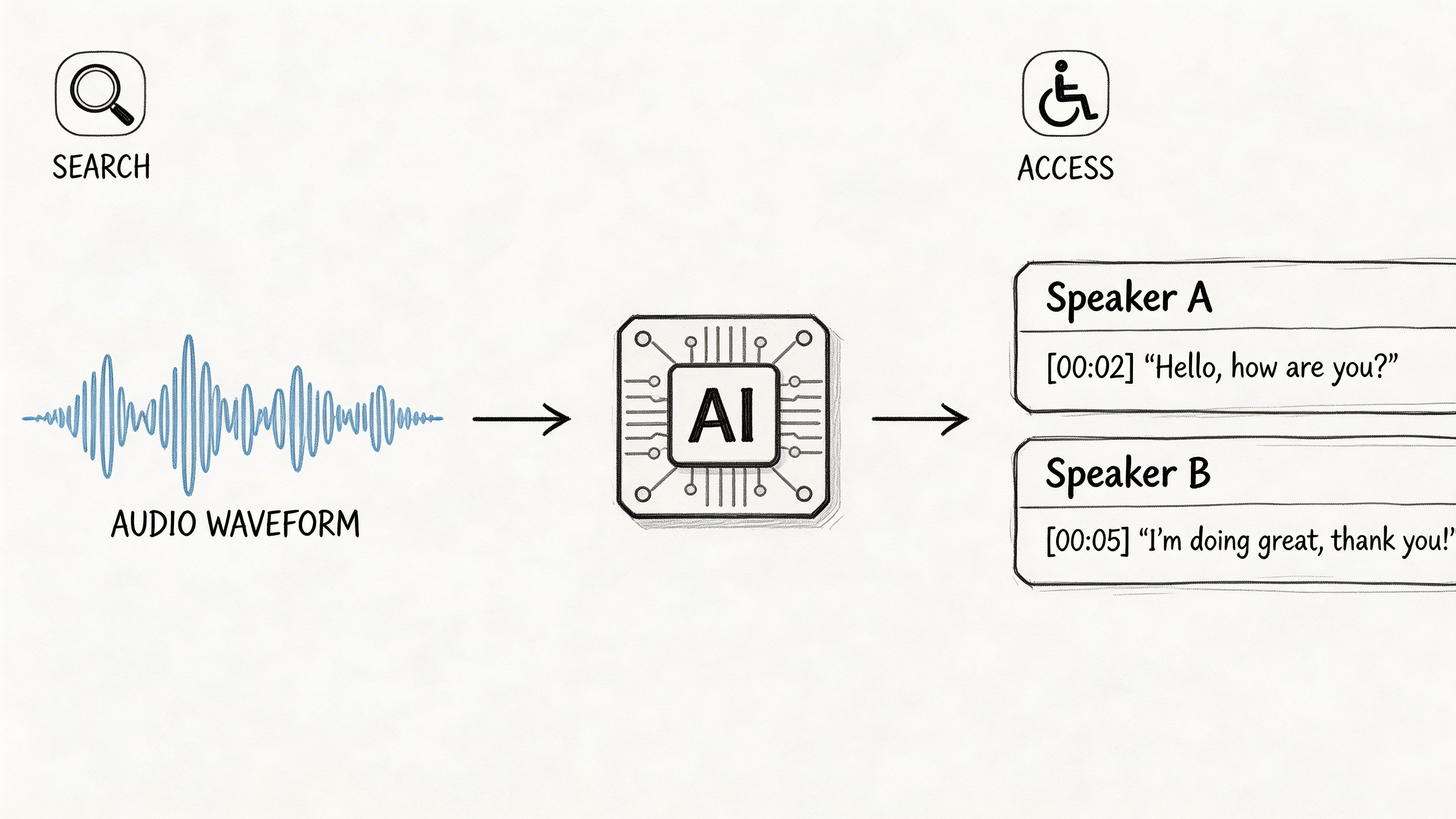 A diagram illustrating artificial intelligence processing an audio waveform into a timestamped, speaker-labeled text transcript.