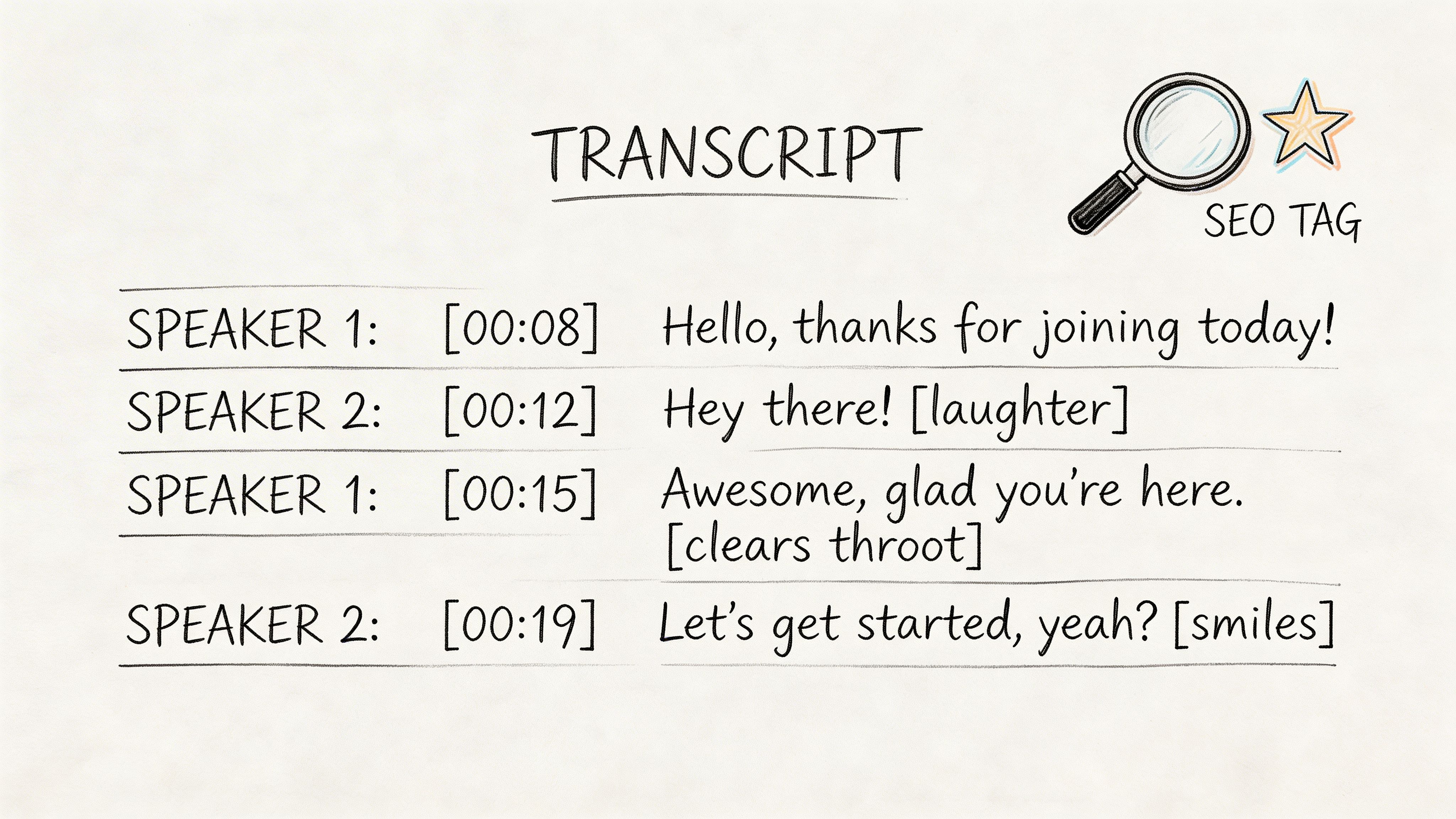 A hand-drawn style transcript showing two speakers, timestamps, and audio cues like laughter and clearing throat.