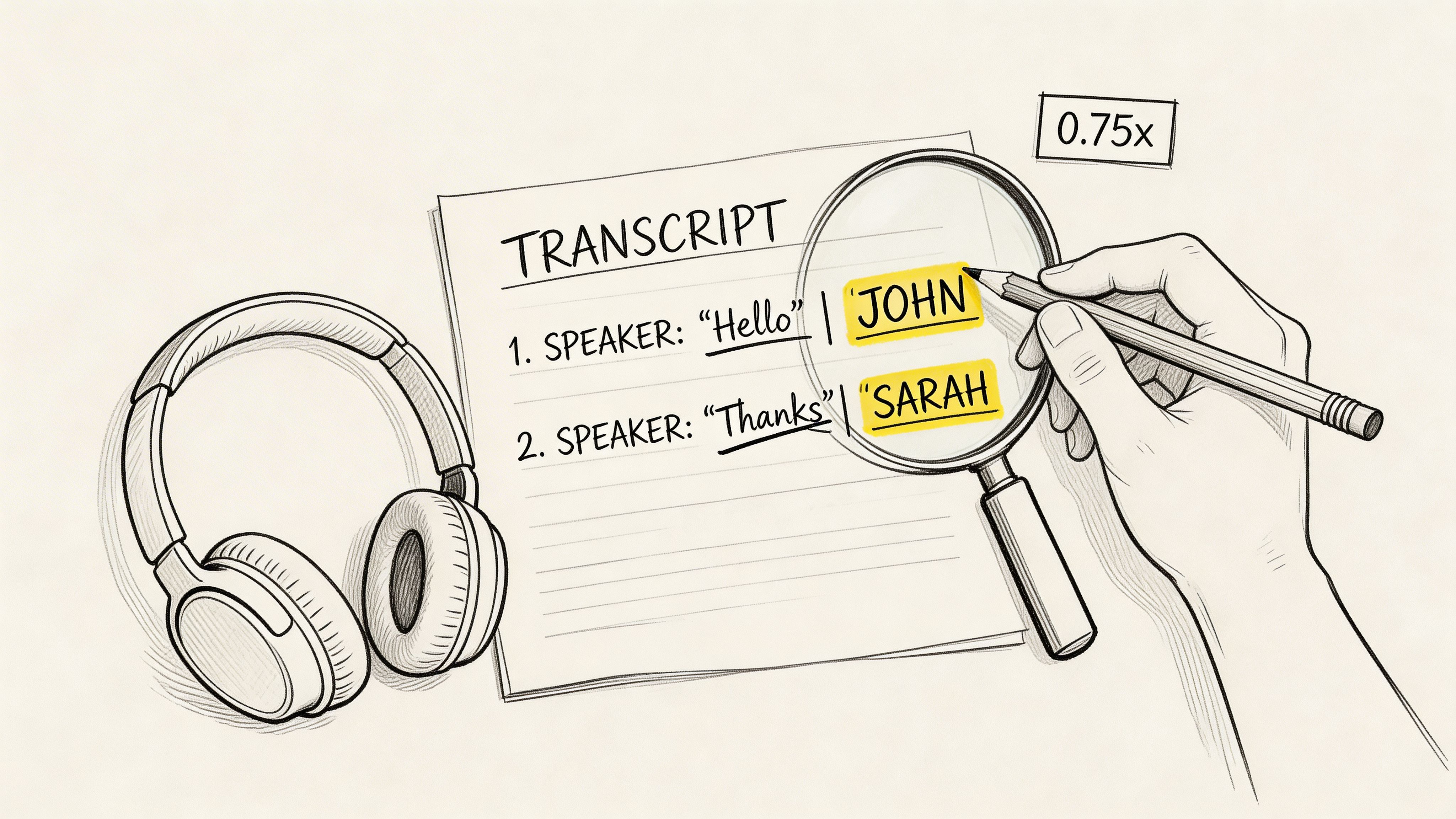 A hand using a magnifying glass to review a podcast transcript with headphones nearby for editing.