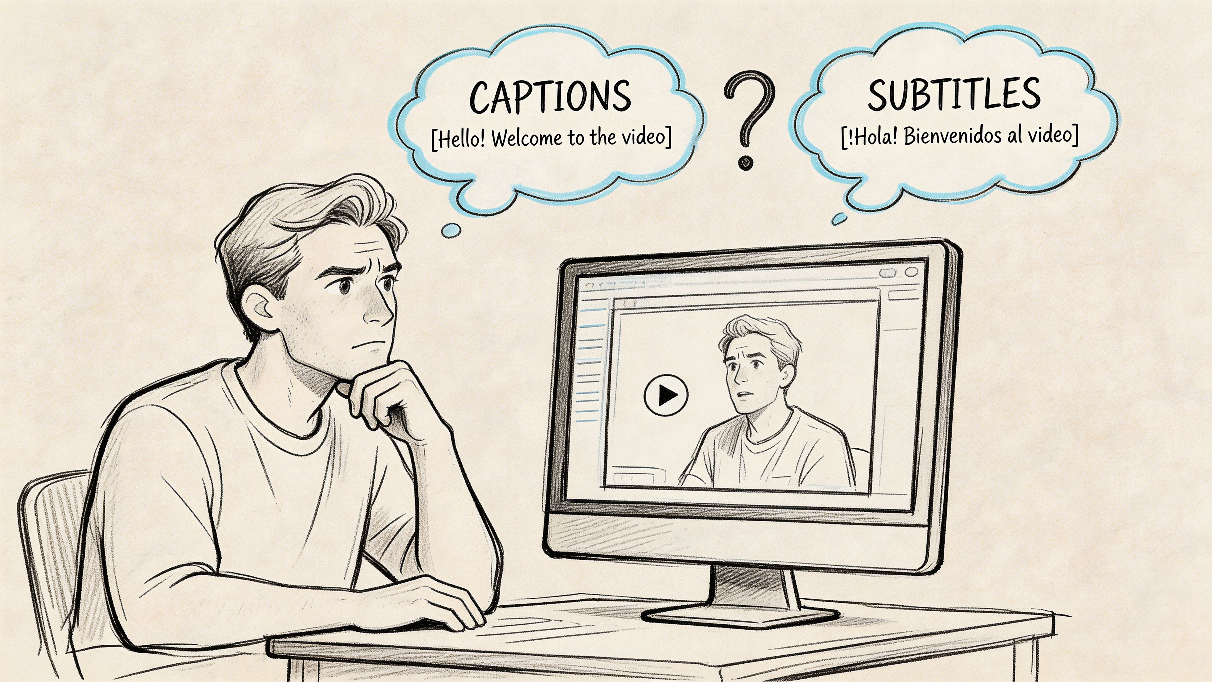 A line drawing of a person contemplating the difference between video captions and subtitles on a computer.