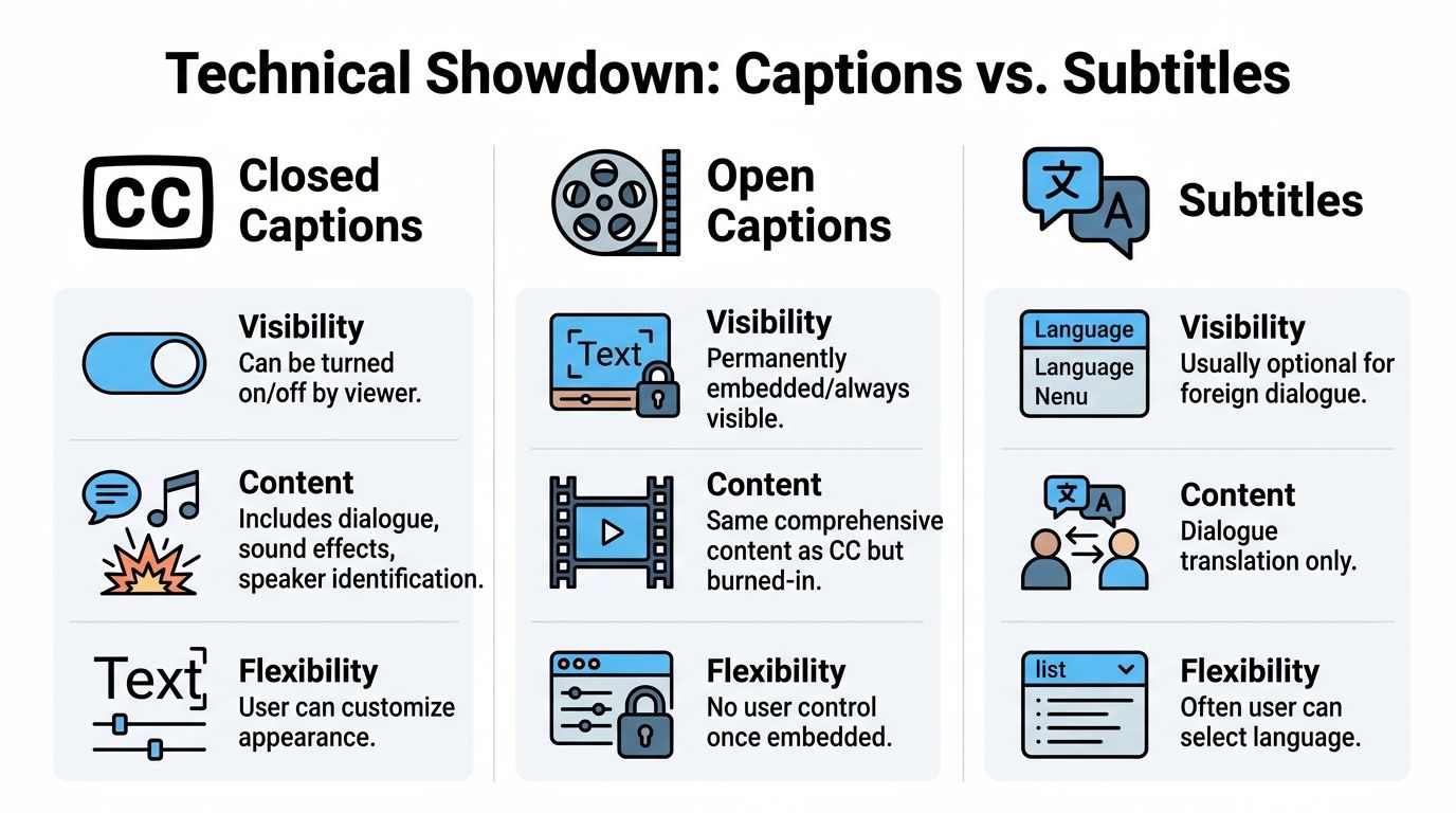 A comparison chart outlining the key technical differences between closed captions, open captions, and video subtitles.