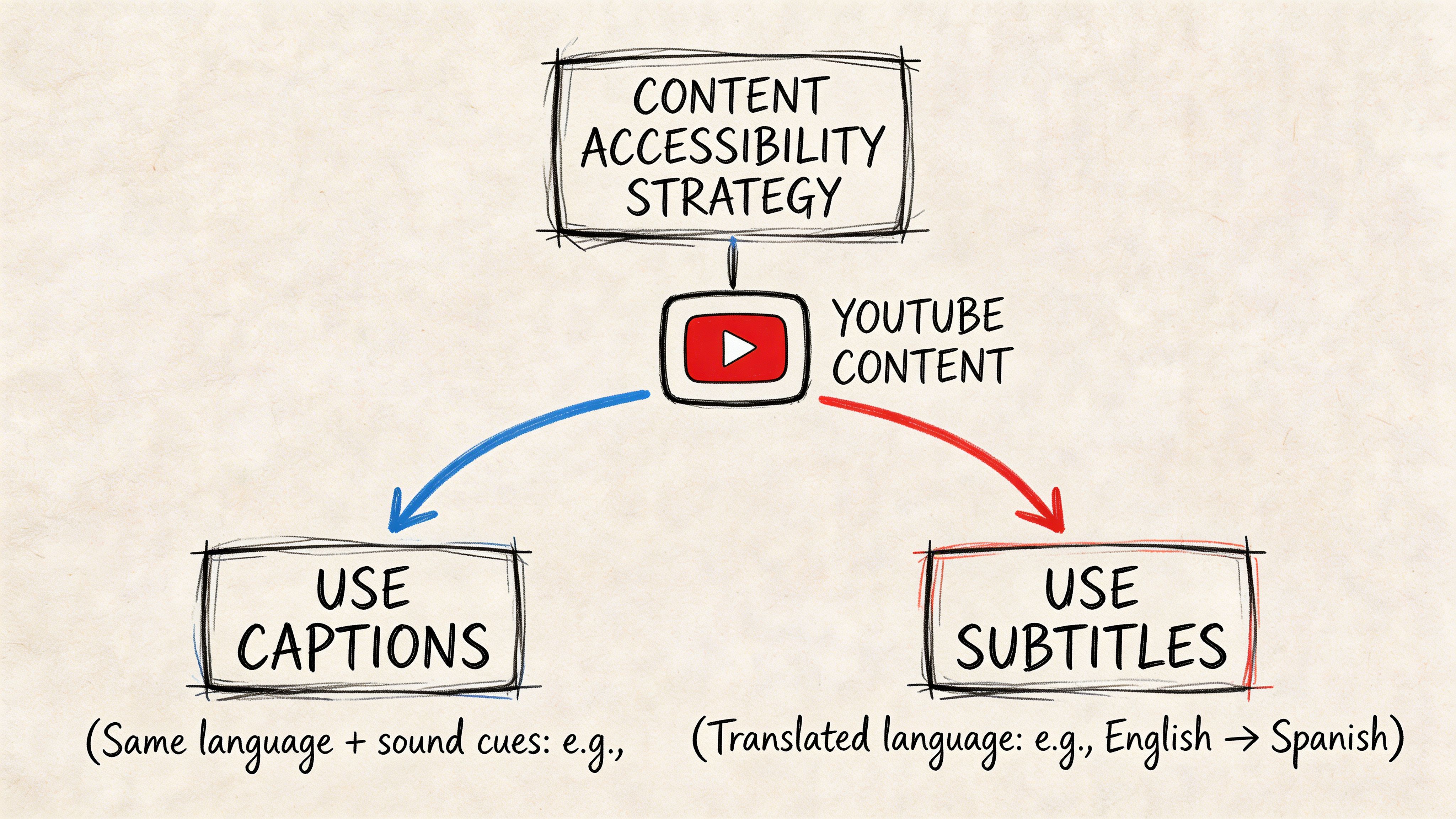 A diagram explaining the Content Accessibility Strategy for YouTube, illustrating the difference between captions and subtitles.