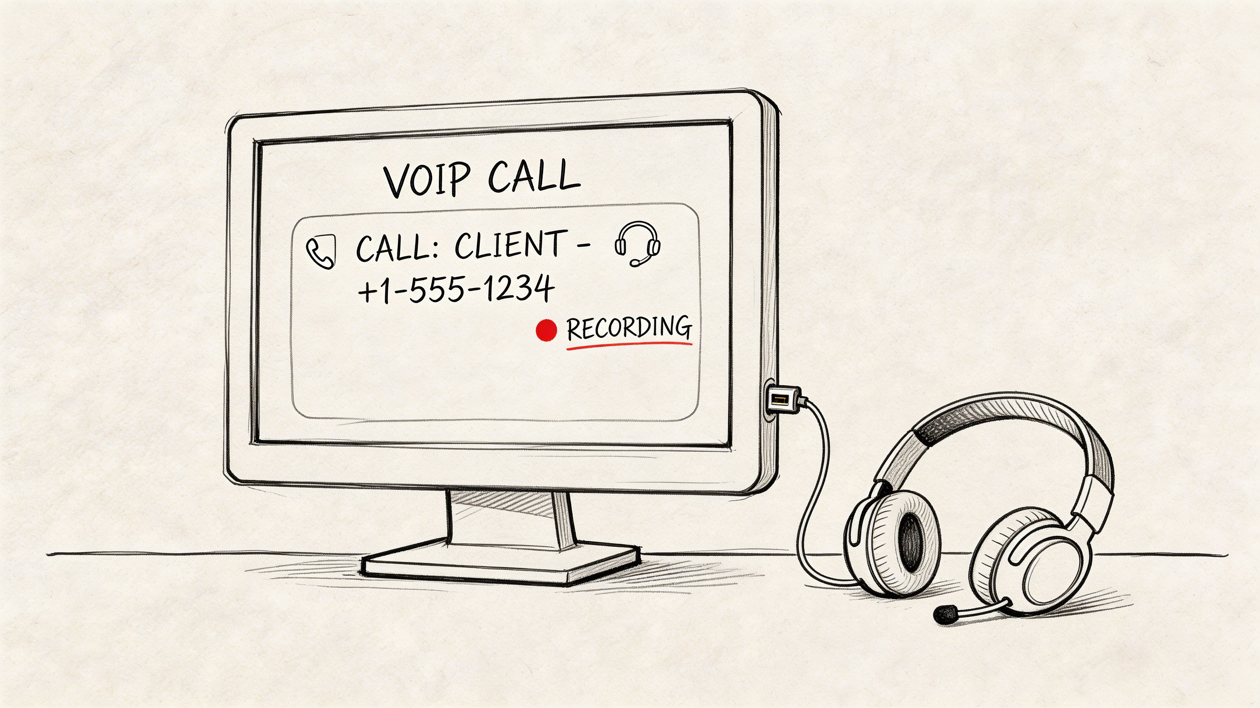 Схематическое изображение монитора компьютера, на котором отображается активный VoIP-вызов с индикатором записи.