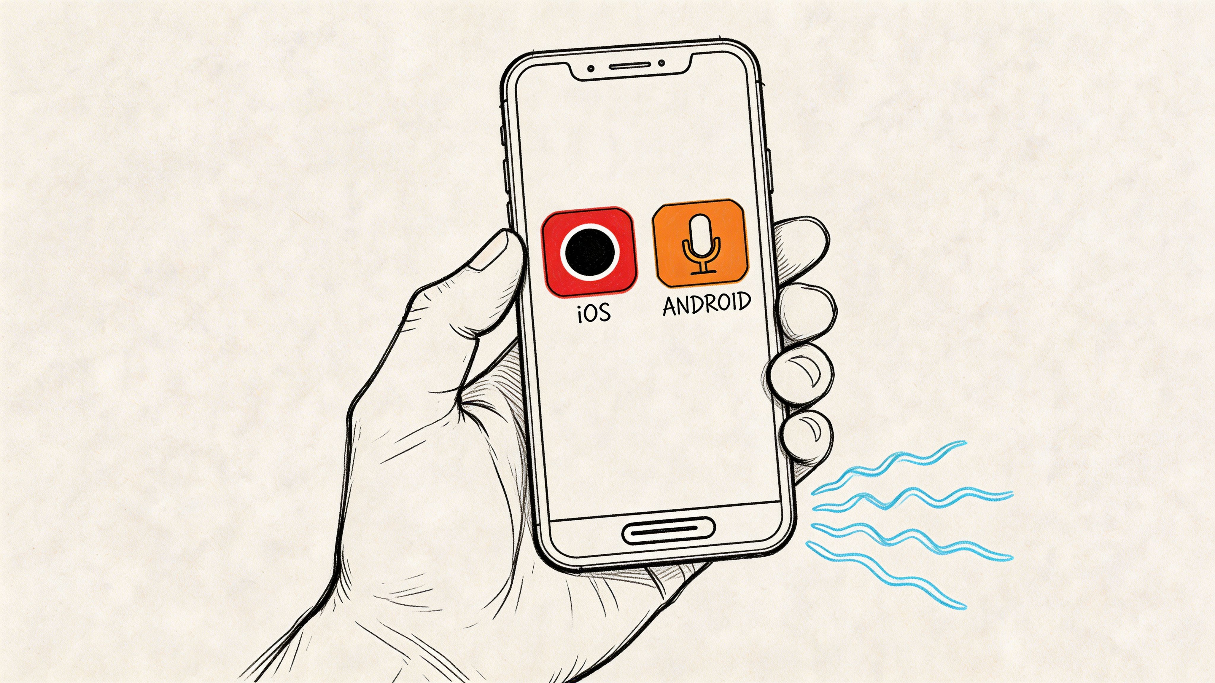Рука, держащая смартфон, на экране которого отображаются значки приложений iOS и Android для записи телефонного разговора.