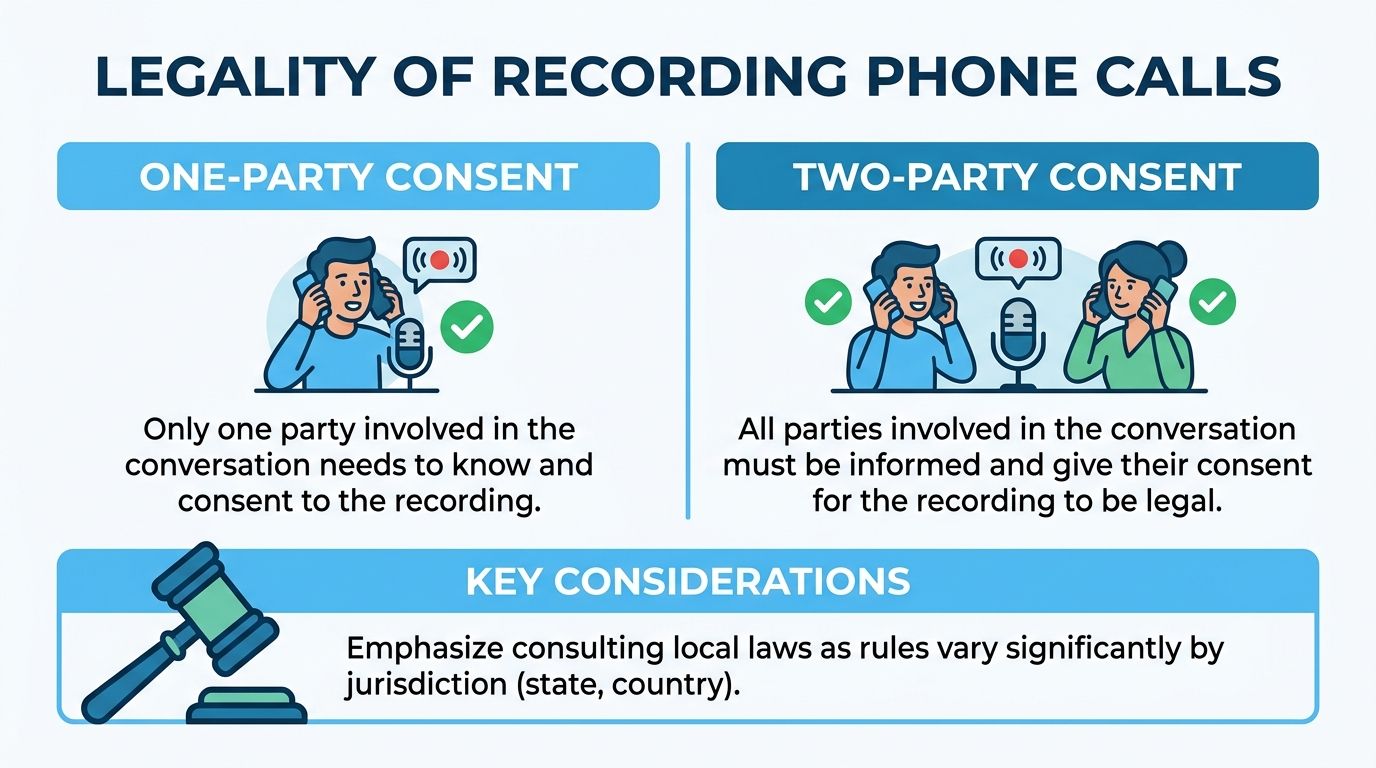 Инфографика, разъясняющая юридические требования к согласию одной или двух сторон при записи телефонных разговоров.