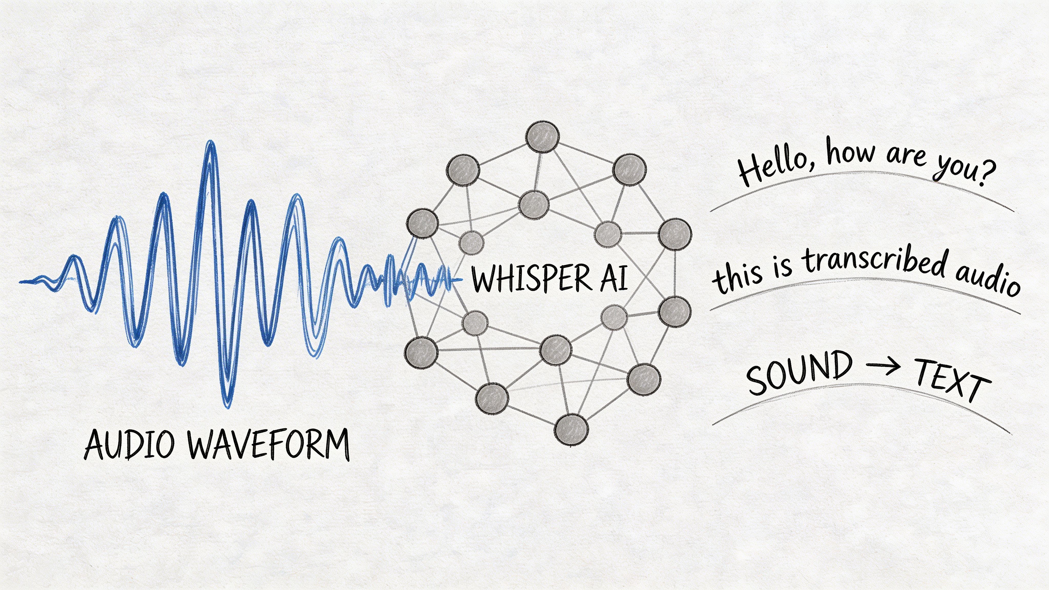 Диаграмма, иллюстрирующая процесс преобразования аудиосигнала в текстовый вывод, выполняемый программой Whisper AI.