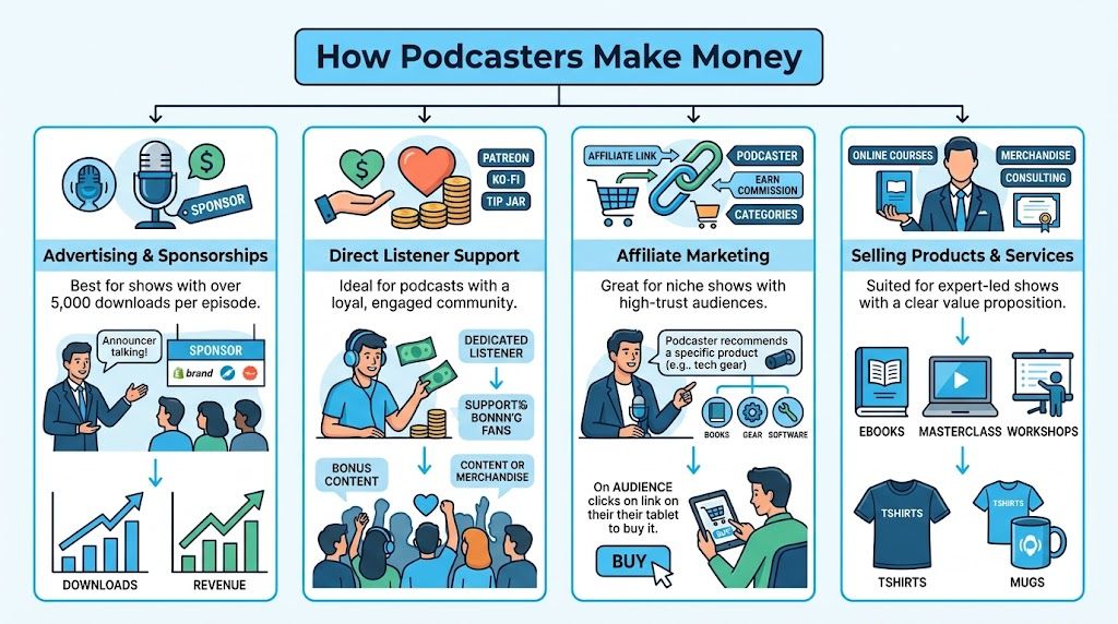 An infographic titled How Podcasters Make Money illustrating four different revenue streams for podcast creators.