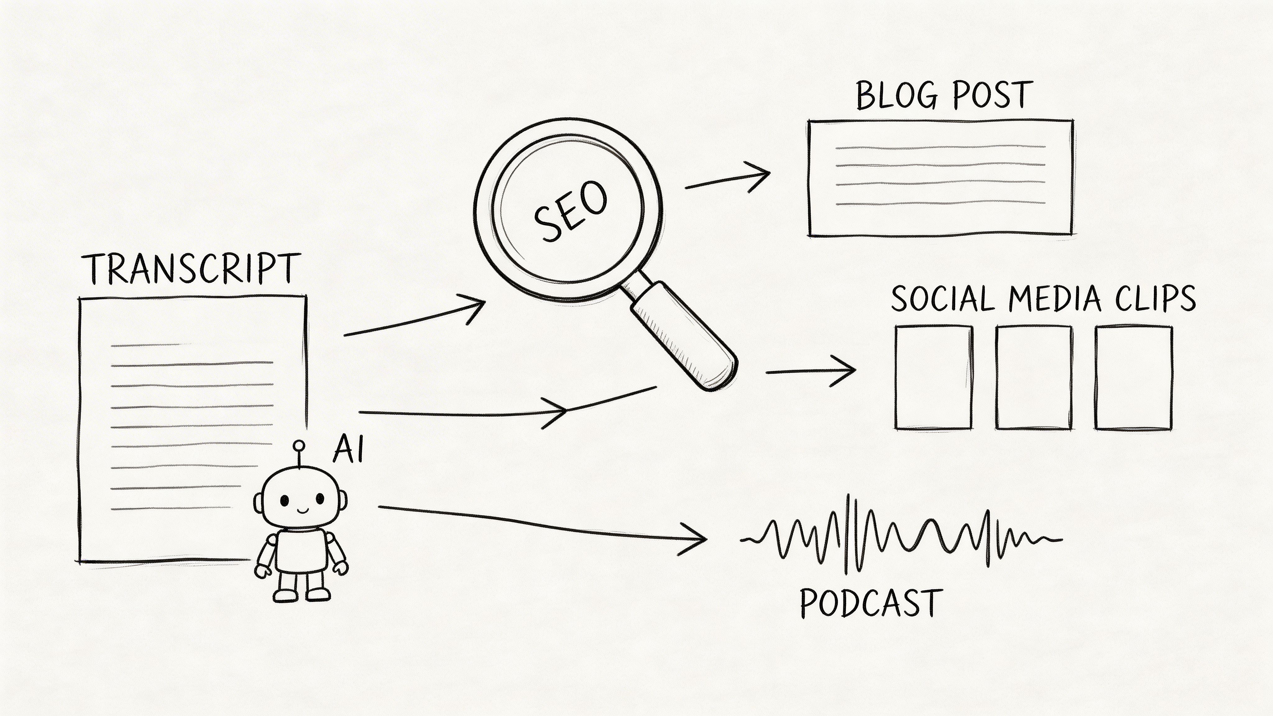 A hand-drawn illustration showing an AI robot processing a transcript into blog posts, social clips, and podcasts.